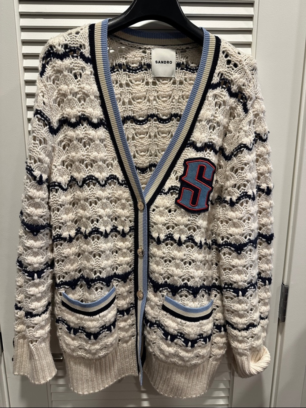 Sandro Cream Openwork Cardigan with Navy and Light Blue Trim